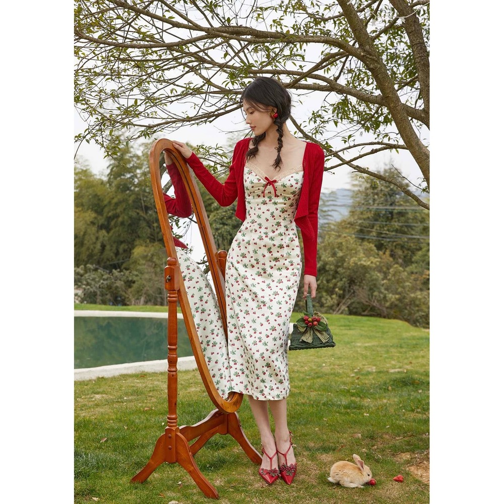 Coquette Cottagecore Strawberry Girl Summer Dollette Soft Girl Midi Fitted Dress